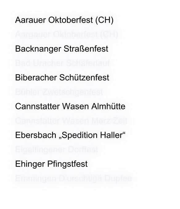 Aarauer Oktoberfest (CH) Aargauer Oktoberfest (CH) Backnanger Straßenfest Bad Uracher Schäferlauf Biberacher Schützenfest Bühler Zwetschgenfest Cannstatter Wasen Almhütte Cannstatter Wasen Merz Zelt Ebersbach „Spedition Haller“ Eigeltingener Dorffest Ehinger Pfingstfest Emmingen D’urschtigä Dupfee