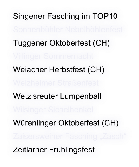 Singener Fasching im TOP10 Sonnenbühler Nebelhöhlenfest Tuggener Oktoberfest (CH) Villinger Sommernacht Weiacher Herbstfest (CH)  Welzheimer Straßenfest Wetzisreuter Lumpenball Wilsinger Sichelhenkel Würenlinger Oktoberfest (CH) Zaisersweiher Fasching „Zasch“ Zeitlarner Frühlingsfest